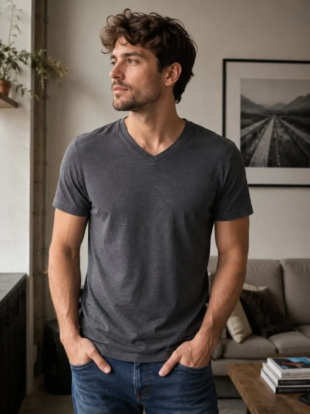 J.Crew Dark Gray Distressed V-Neck Tee Large Casual Minimalist